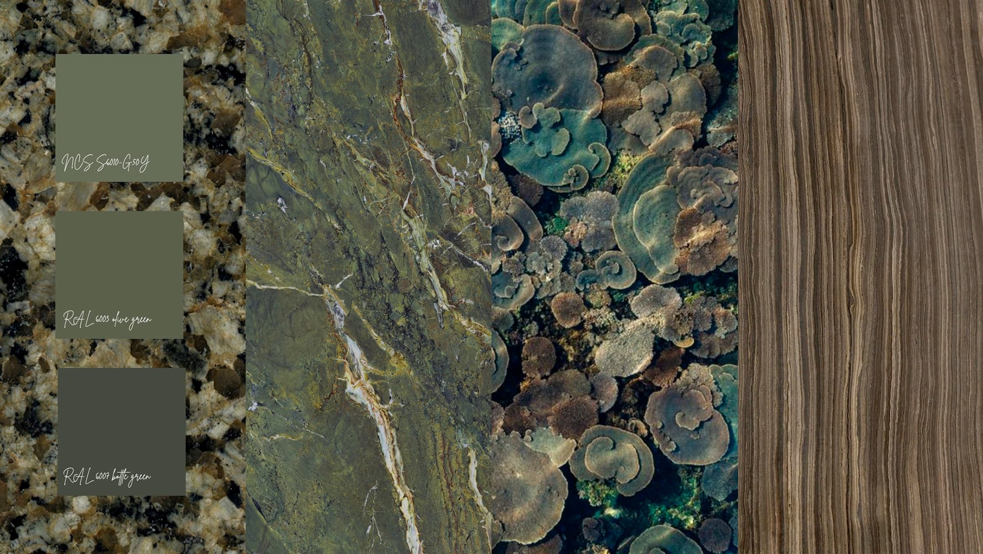 <p data-block-key="12uwn">Underwater Suiten materiaalipaletti ammentaa suomalaisen järviluonnon vihreistä ja ruskeista sävyistä. Mukana on kiveä, tummaa puuta ja syviä vihreän sävyjä. (Kuva: Laura Seppänen)</p>