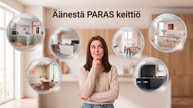 Nainen pohtii suosikkiaan Powerin Norema-keittiöäänestyksessä, jossa valitaan kaunein keittiö kuuden vaihtoehdon joukosta.