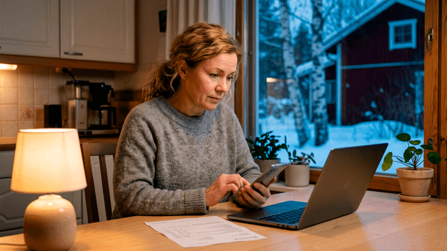 nainen pöydän ääressä katselee tietokonetta ja puhelinta