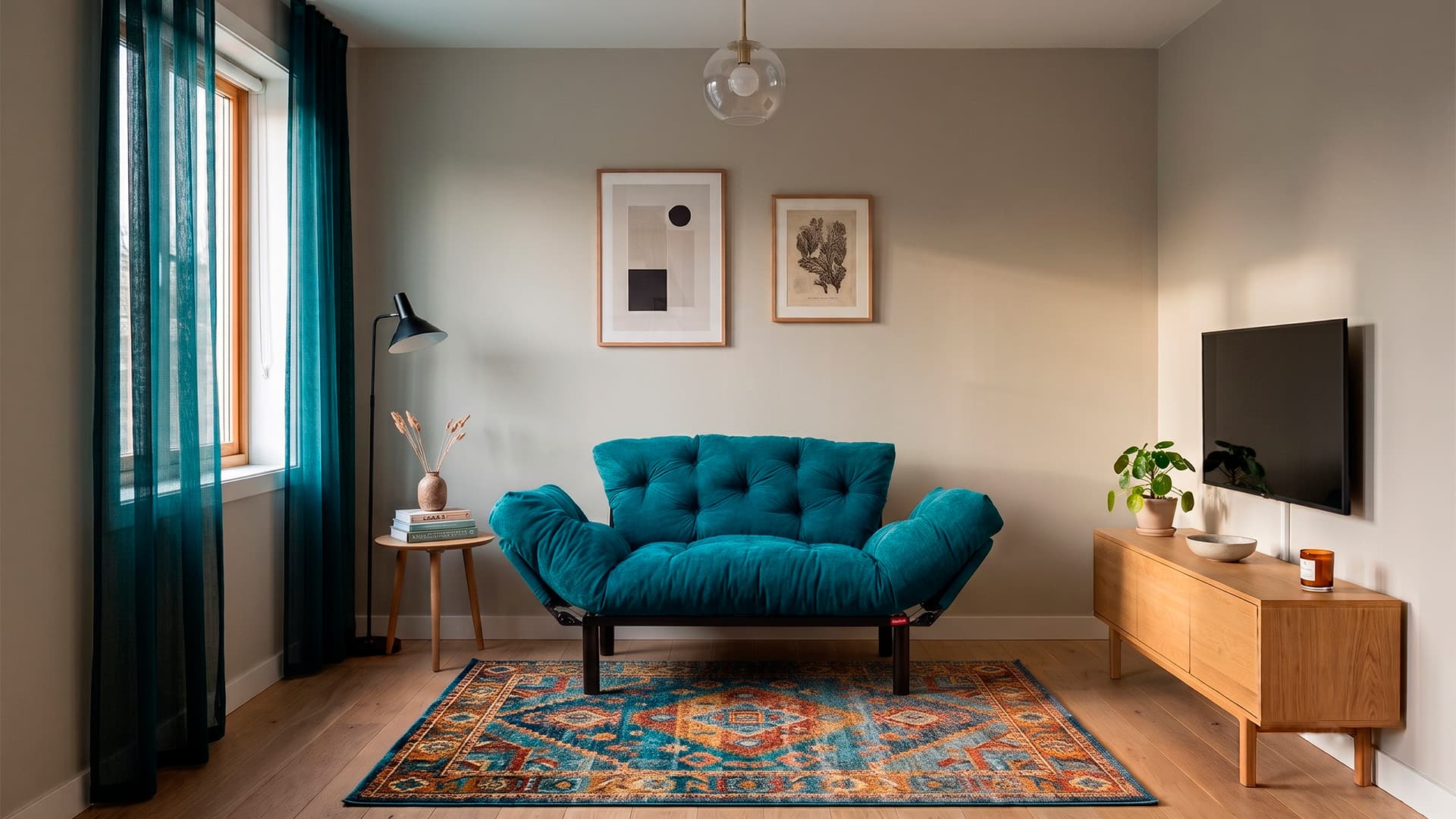 <p data-block-key="t9nsc">Turkoosi Nitta-vuodesohva tuo pieneen olohuoneeseen väriä ja tarjoaa tarvittaessa yhden hengen lisävuoteen. <i>(Kuva on luotu tekoälyavusteisesti havainnollistamistarkoituksessa. Kuvassa näkyvien tuotteiden ulkonäkö, mittasuhteet ja yksityiskohdat voivat poiketa todellisista tuotteista.)</i></p>