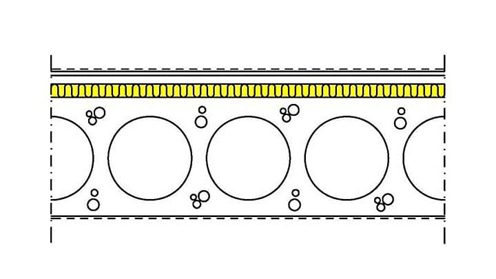 Askelääniratkaisu ontelo- tai betonilaatan päälle • 20–40 mm pumpattava tasoite Vetonit • Valusuoja (suodatinkangas tai muovikalvo, valitaan kosteuden siirtymissuunnan mukaan) • ≥30 mm askelääneneriste ISOVER FLO • 265–320 mm kantava rakenne, ontelolaatta P27 tai P32 (saumattuna >380 kg/m²)