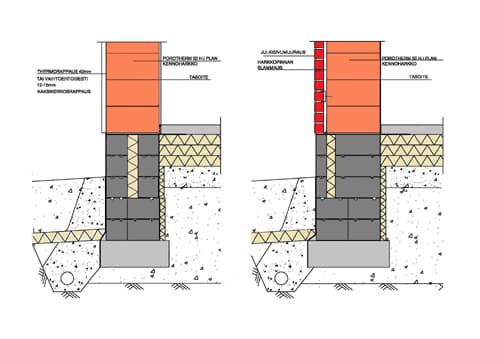 Porotherm-rakenneleikkaukset rapattupintaiselle sekä tiiliverhoillulle julkisivulle.
