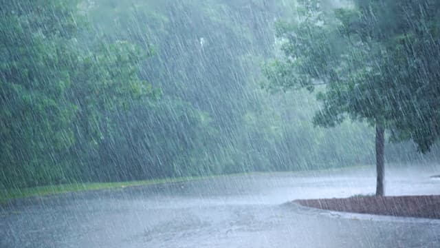 rankkasade piiskaa pihamaata ja asfaltoitu pihatie on veden peitossa