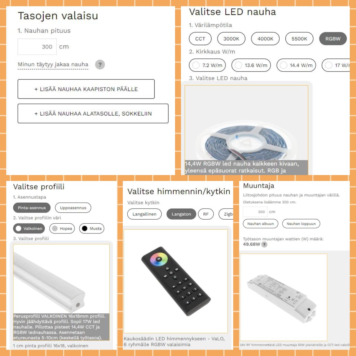 <p data-block-key="hhd09">Kuva 3. Laskurissa valitaan tason pituus, led-nauha, alumiiniprofiili ja käyttötapa, jolloin laskuri antaa tähän sopivan muuntajan.</p>