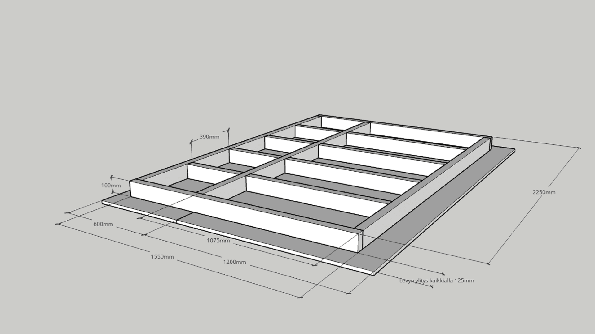 <p data-block-key="712os">Alaslasku tehtiin lautakehikosta ja kipsilevystä. Kehikkoon kiinnitettiin 1,5 kipsilevyä ja kipsilevy muodosti 125 mm leveän hyllyn, johon led-valonauha asennettiin.</p>