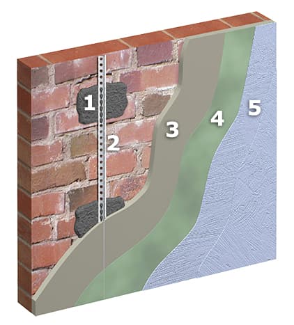 <p data-block-key="9gcw1">Oikaisutarve yli 15 mm. Tuotteet: 1. weber PL, 2. weber 1108, 3. weber MTL, 4. &amp; 5. weberSmart Vedeneristysjärjestelmä tai weberSafe Vedeneristysjärjestelmä.</p>