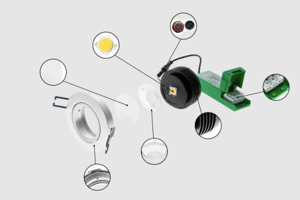 <p data-block-key="m1c4f">Led-spotin yksityiskohdissa on lukuisia laatuun ja hintaan vaikuttavia kohtia. Kuvassa laadukas alumiinikehys, häikäisyä tasoittava diffuuseri, valon avautumiskulmasta huolehtiva linssi, korkealaatuinen led-piiri, hyvin jäädyttävä alumiinimoduuli, pikaliittimet muuntajalle sekä ketjutettava muuntaja.</p>