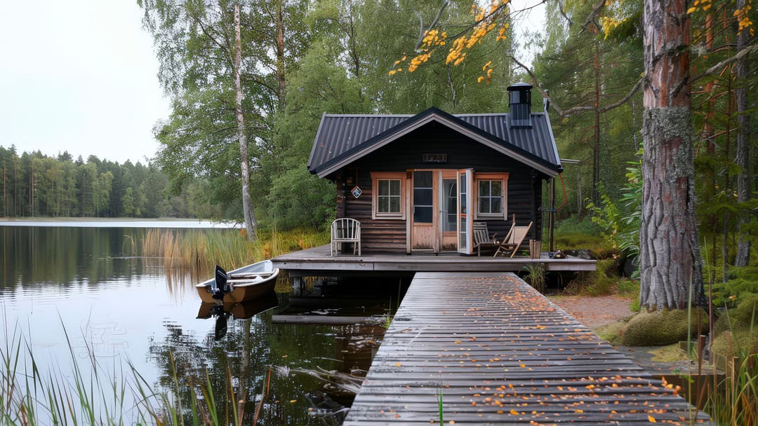 Harmaa hirsimökki aivan järven rannassa ja mökin edessä on laituri. Kuvassa on syksy