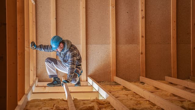 kirvesmies työskentelee rakennustyömaalla, eristeiden asennusta