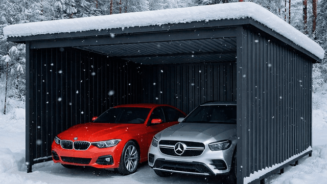 kahden auton teräsrakenteinen autokatos talvimaisemassa ja katoksessa on 2 autoa parkkeerattuna
