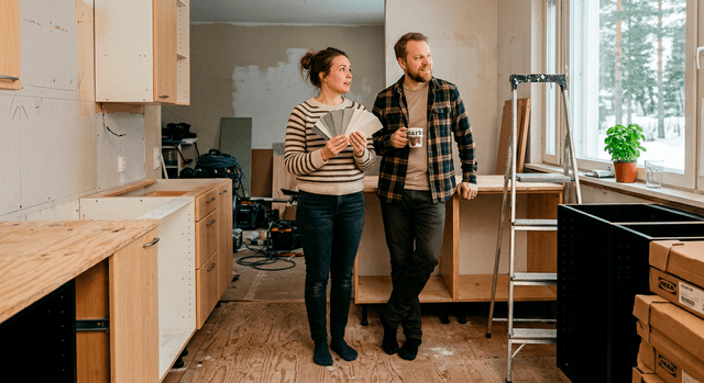 parisunta seisoo keittiössä joka on remontin alla ja tutkii värimalleja