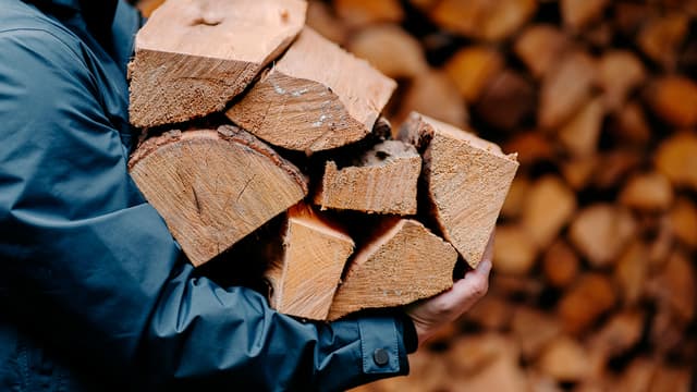 henkilöllä on sylillinen polttopuuta ja taustalla klapikasa